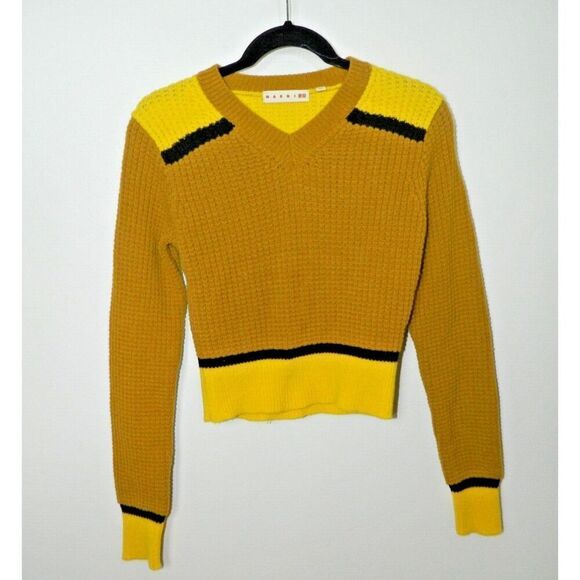 MARNI x UNIQLO Sweater  Size X-Small Yellow Mustard Popcorn Knit V-Neck - Picture 3 of 9